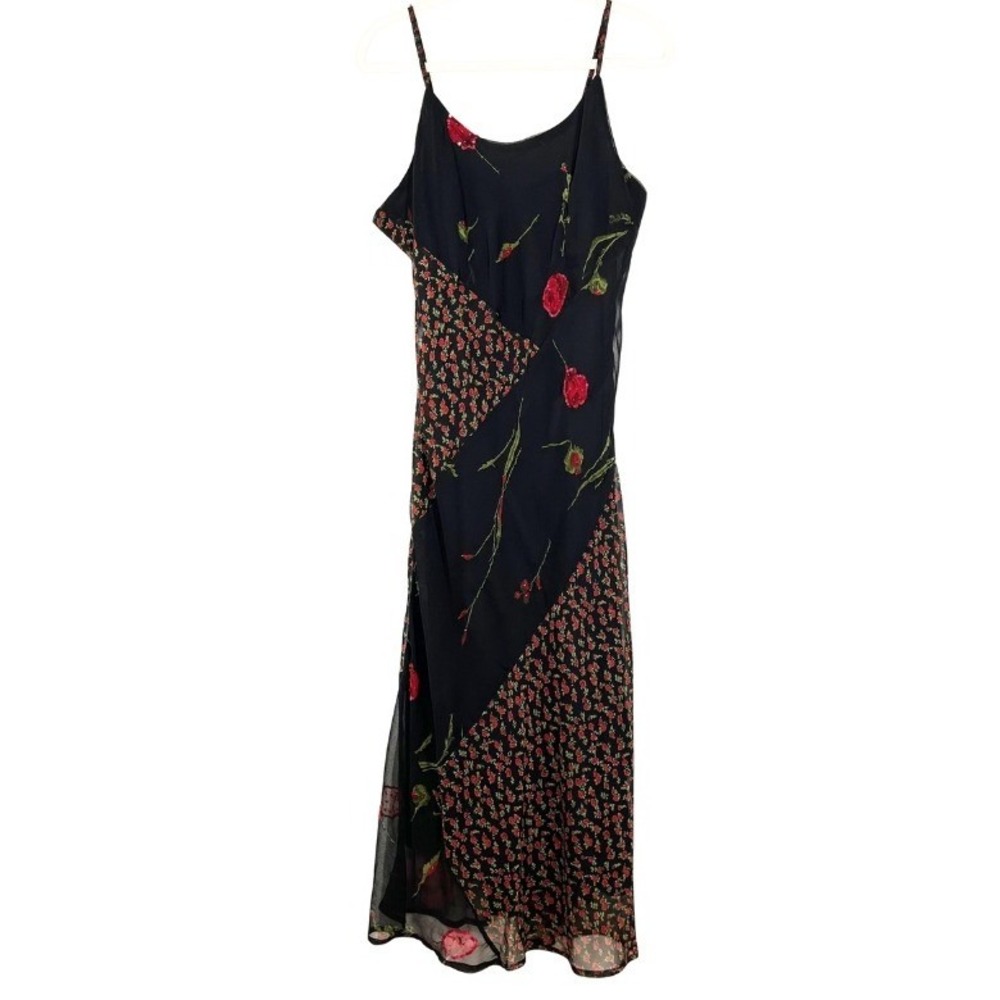 M'le Gabrielle Vintage 90s Floral Patchwork Sequin Midi Slip Dress Black Red 16